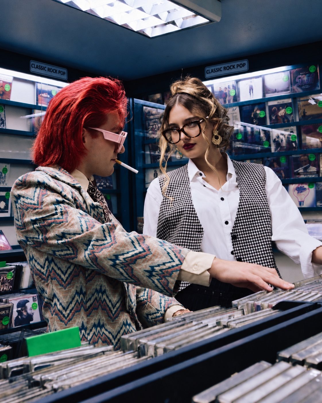 Gaspar Luna, con el pelo rojo y gafas rosas, junto a la secretaria entre los estantes de una tienda de discos